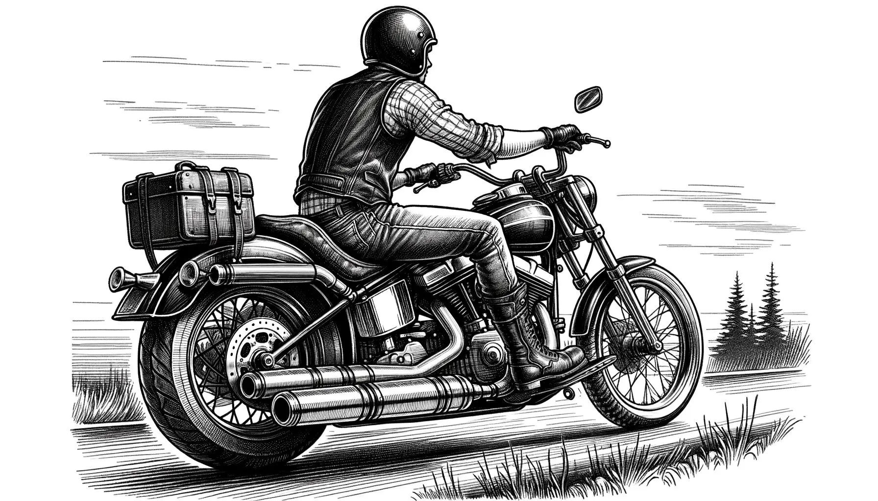 Illustration of a motorcyclist with a muffler on the bike to reduce noise