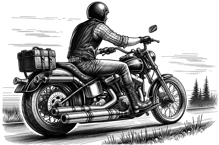 Illustration of a motorcyclist with a muffler on the bike to reduce noise