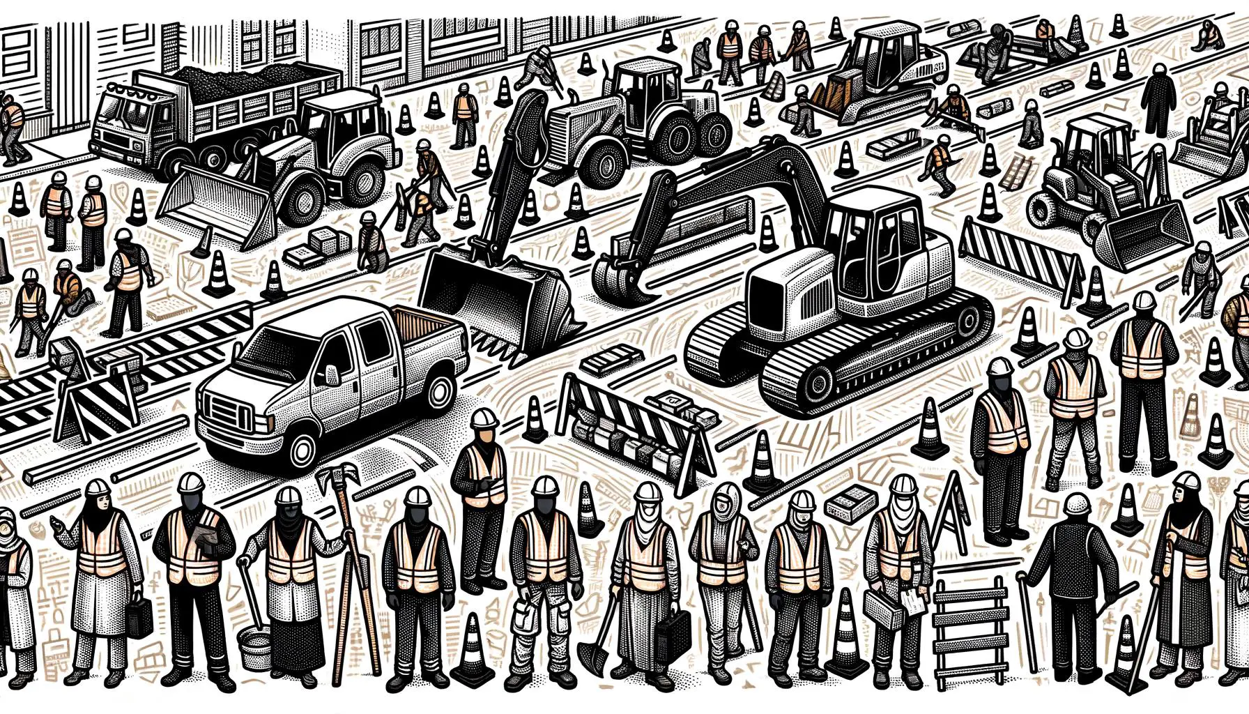 Illustration of street construction with workers and machinery