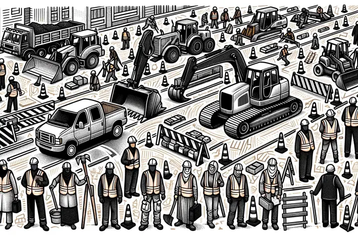 Illustration of street construction with workers and machinery