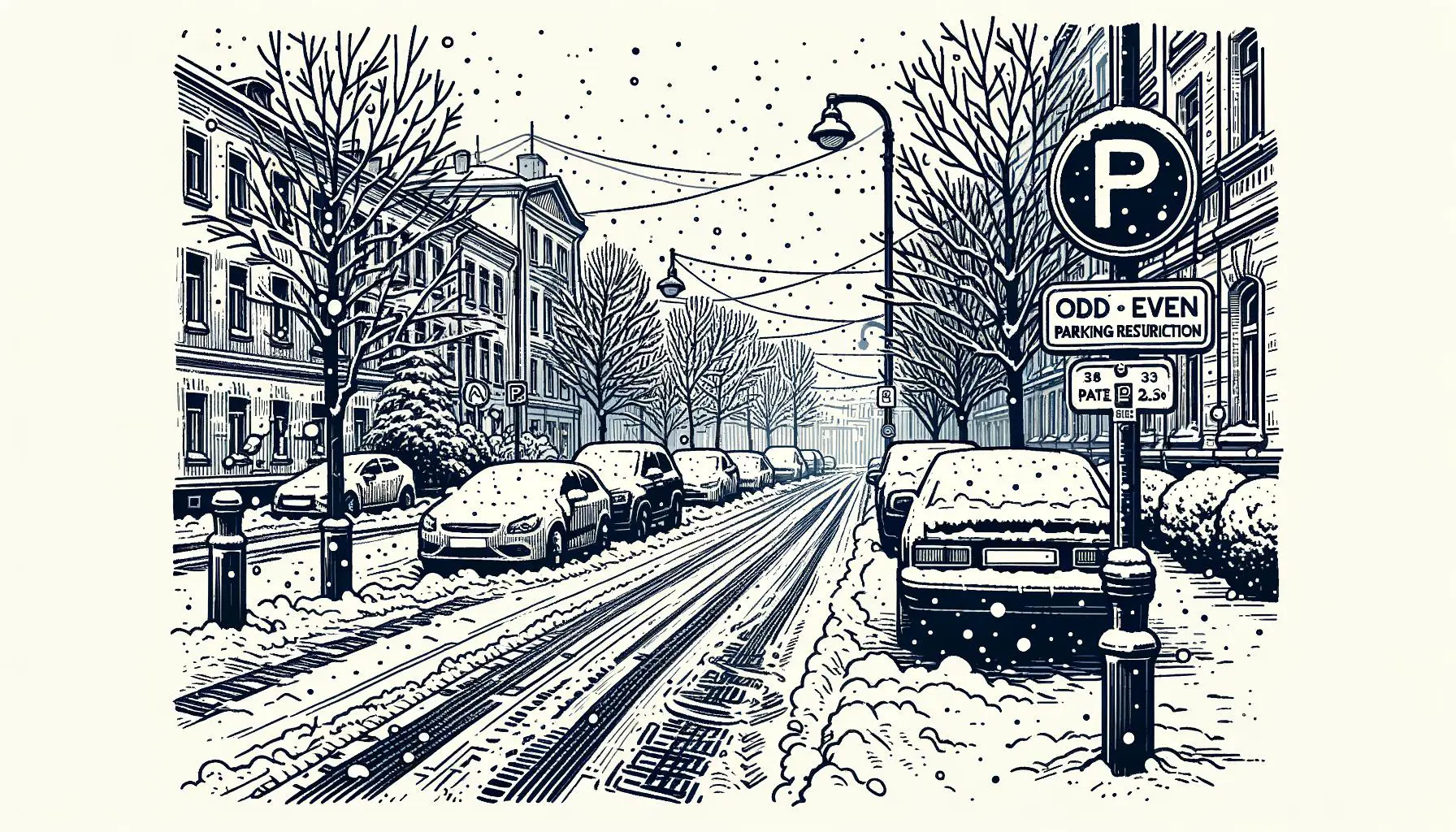 Doodle of cars parked on a snowy street with parking signs.