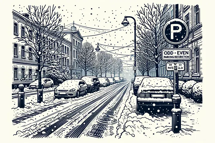 Doodle of cars parked on a snowy street with parking signs.