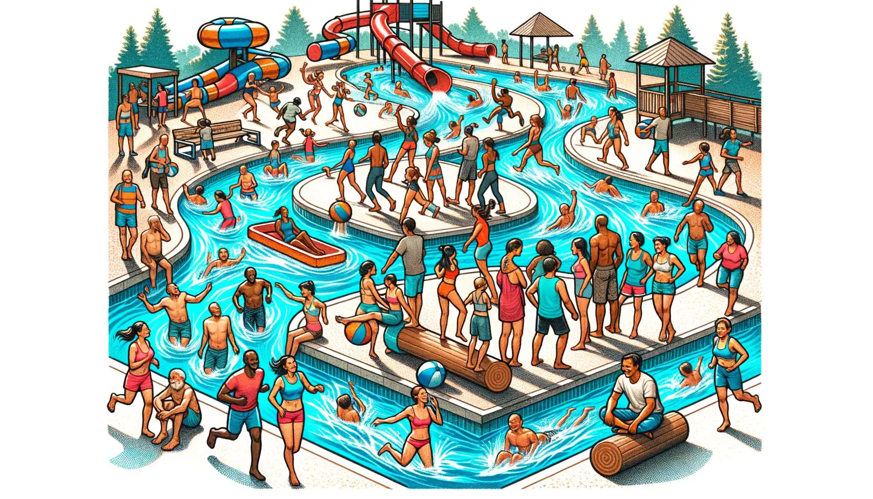 Illustration of water park activities like aerobics, water walking, and log rolling.