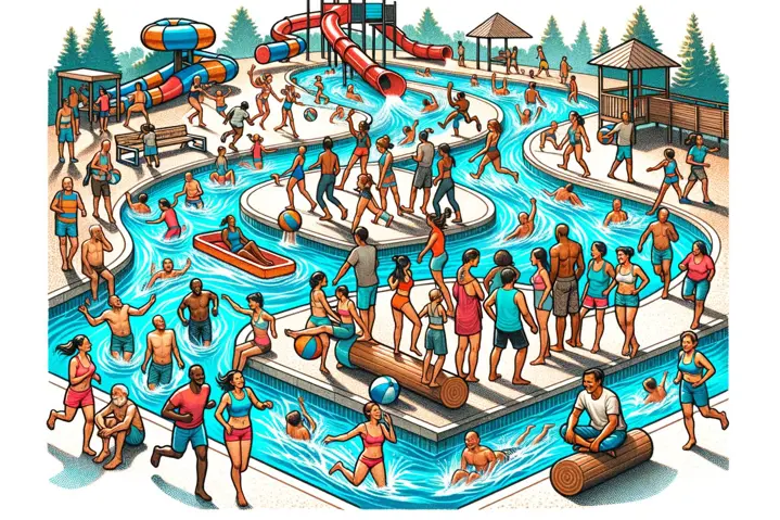 Illustration of water park activities like aerobics, water walking, and log rolling.