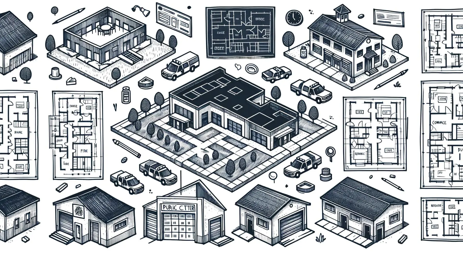 Illustration of city renovation plan with blueprints and community buildings