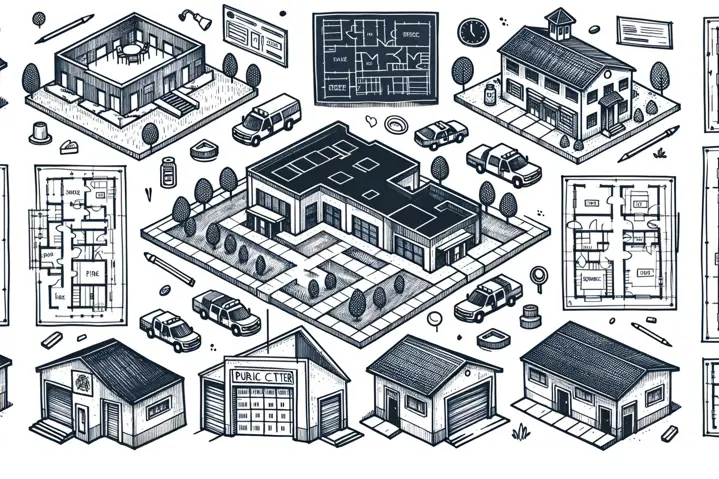 Illustration of city renovation plan with blueprints and community buildings