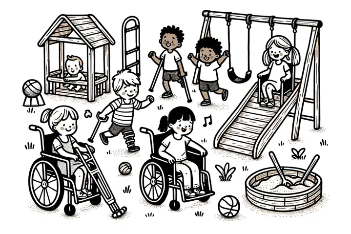 Inclusive playground at Owatonna park with children playing.