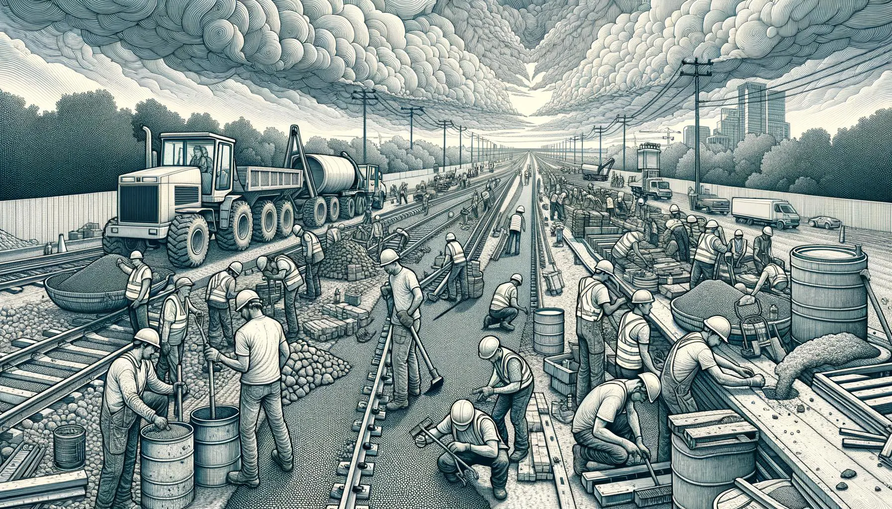 Illustration of road and trail construction under cloudy skies.