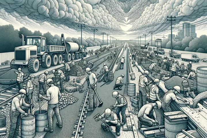 Illustration of road and trail construction under cloudy skies.