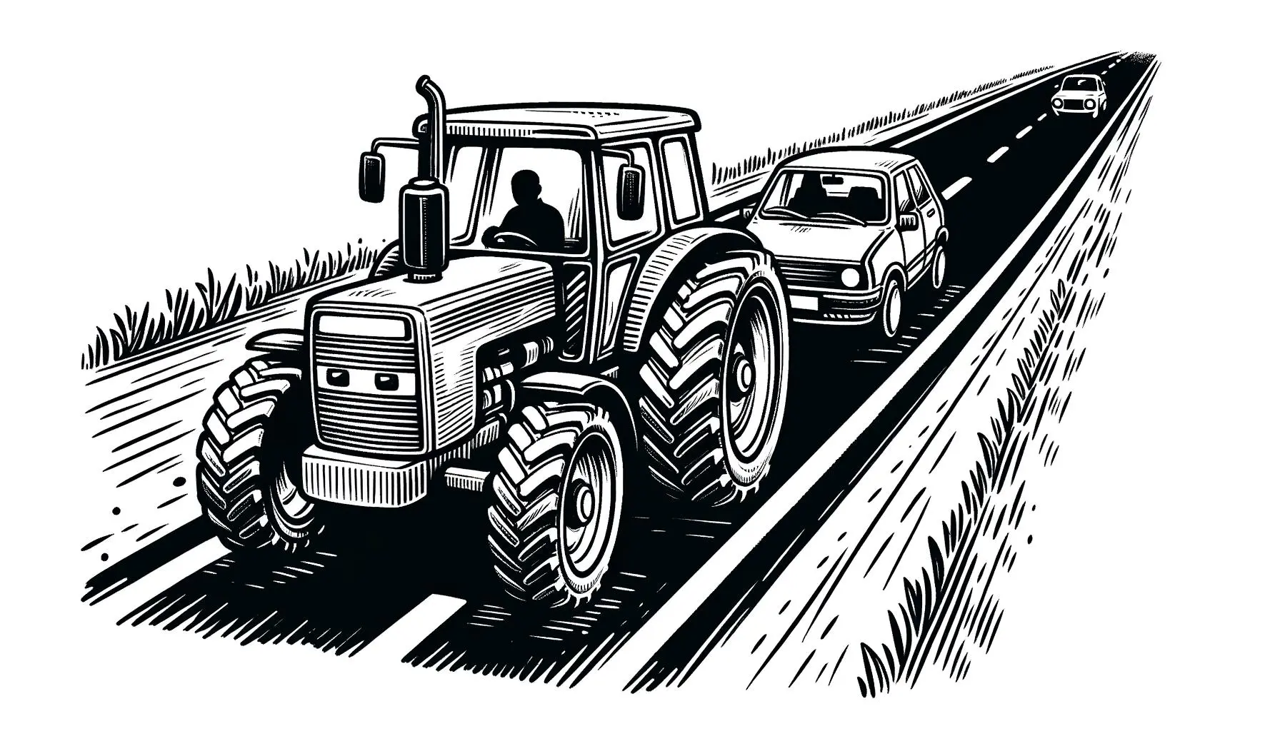 Doodle of a tractor and car on a rural road highlighting road safety