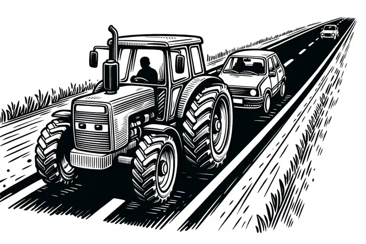 Doodle of a tractor and car on a rural road highlighting road safety