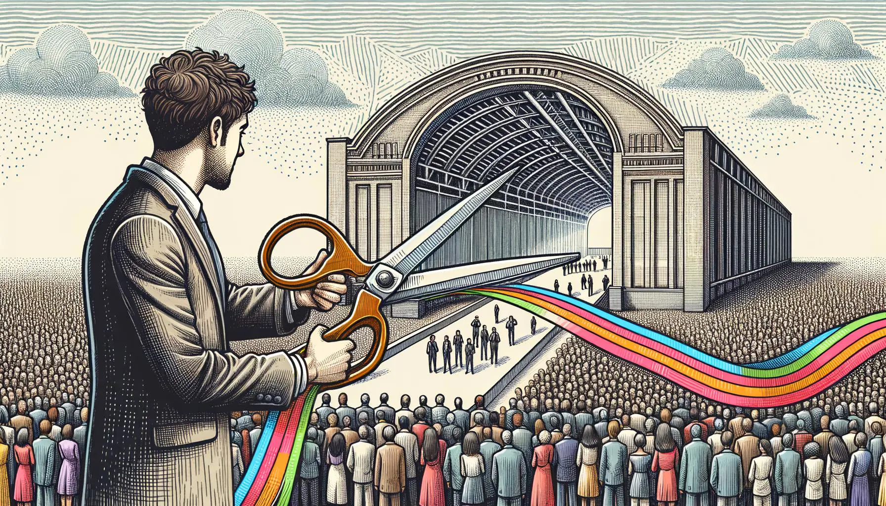 Illustration of a grand opening ribbon-cutting ceremony