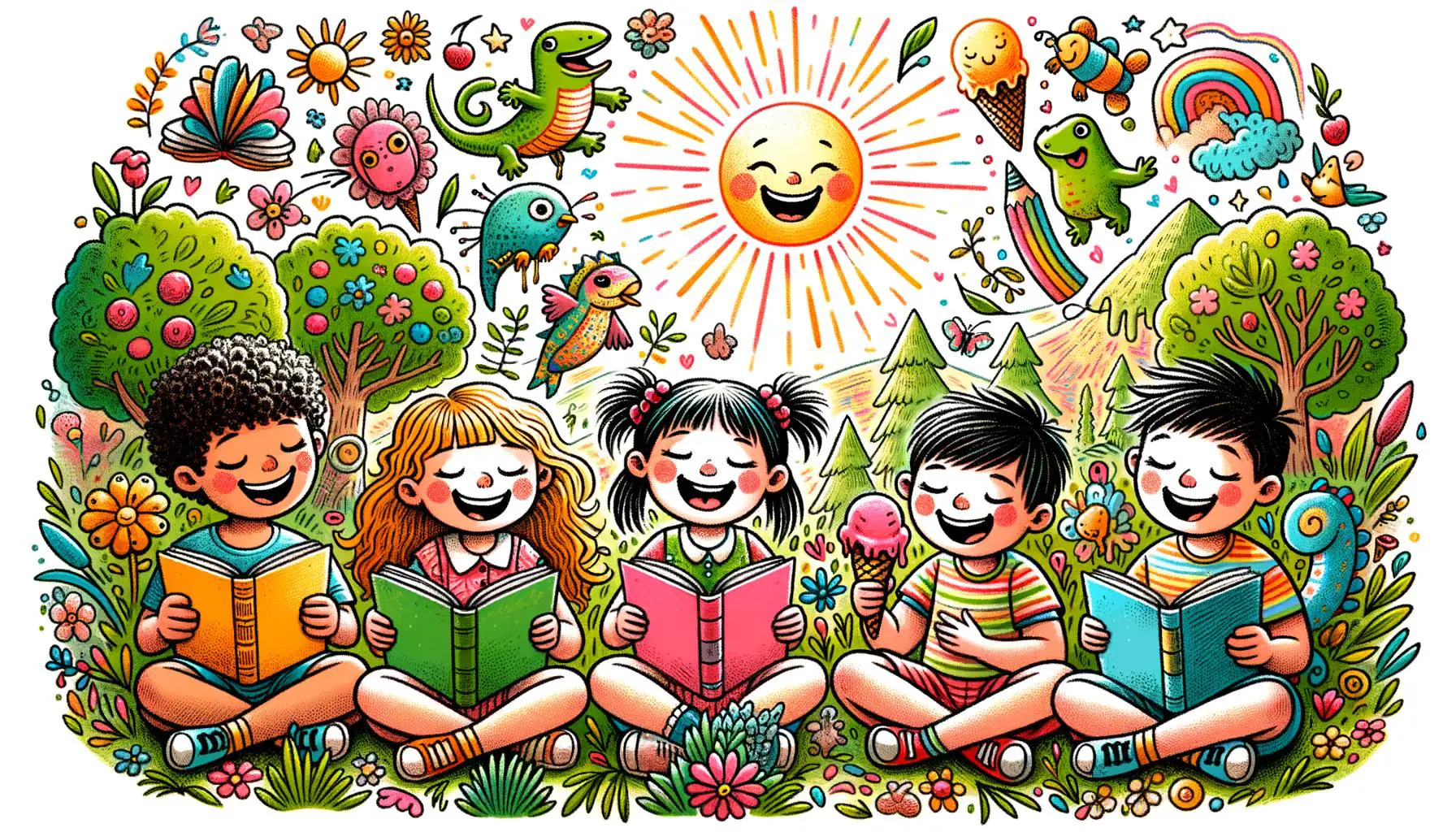 Children reading and enjoying ice cream with animal doodles.