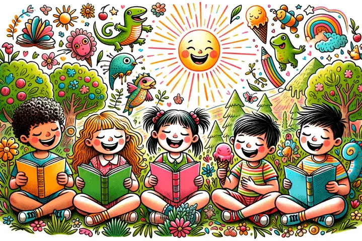 Children reading and enjoying ice cream with animal doodles.