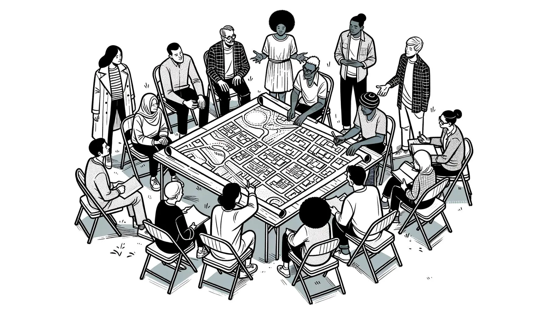 Illustration of a community meeting with residents and city council members