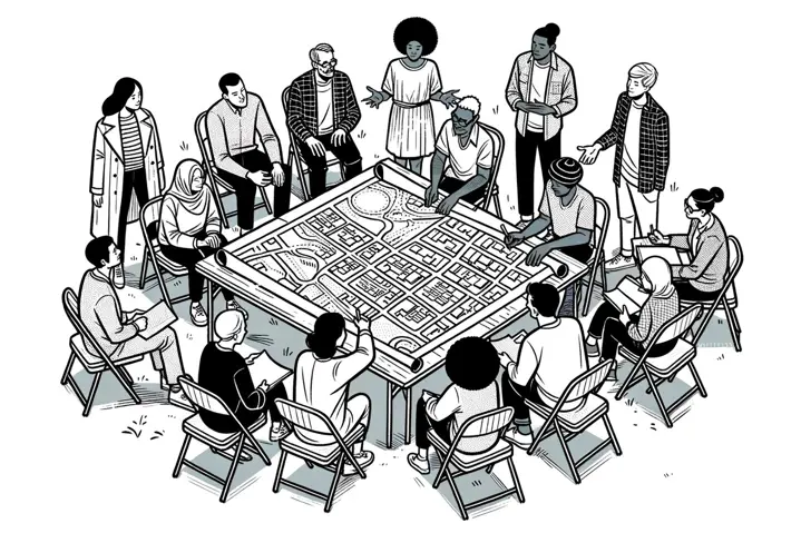 Illustration of a community meeting with residents and city council members