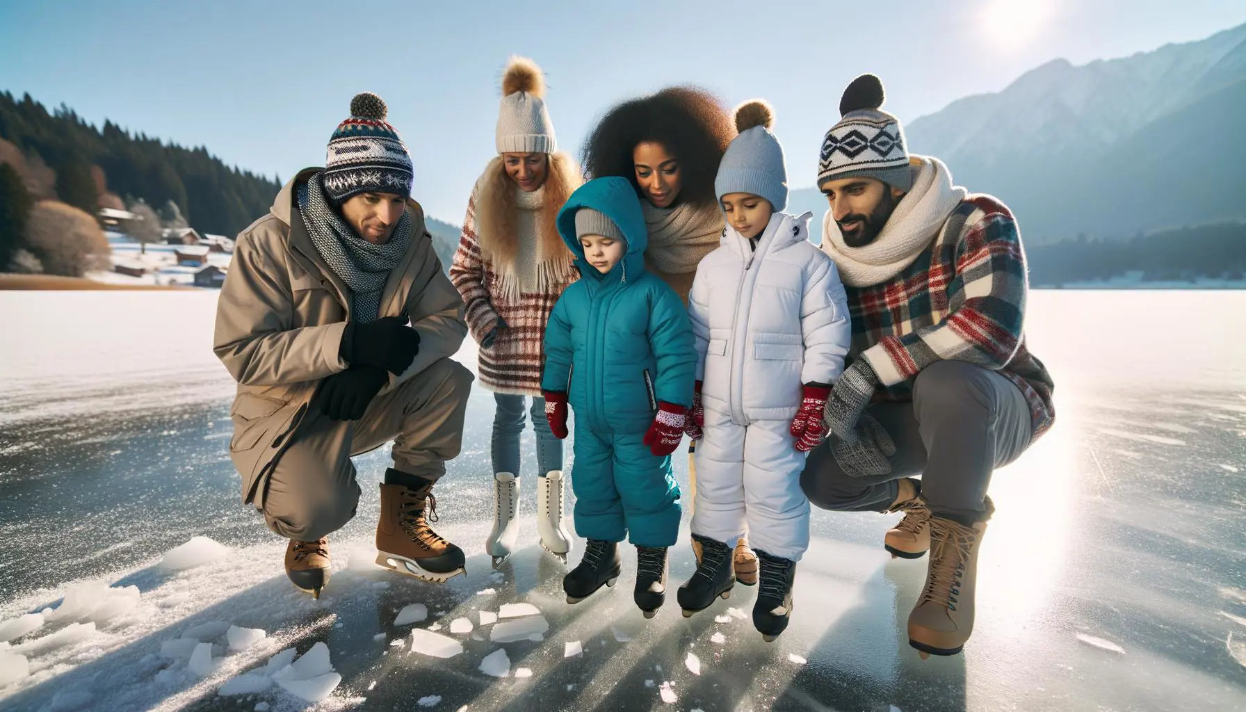 Family checking ice safety on a frozen lake