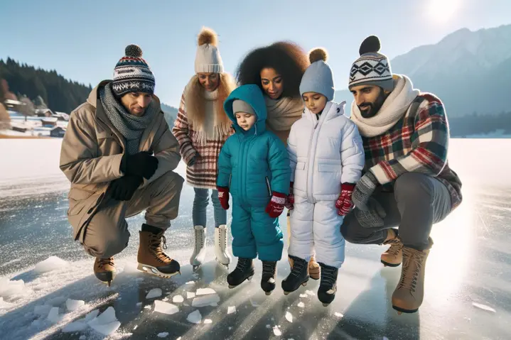 Family checking ice safety on a frozen lake