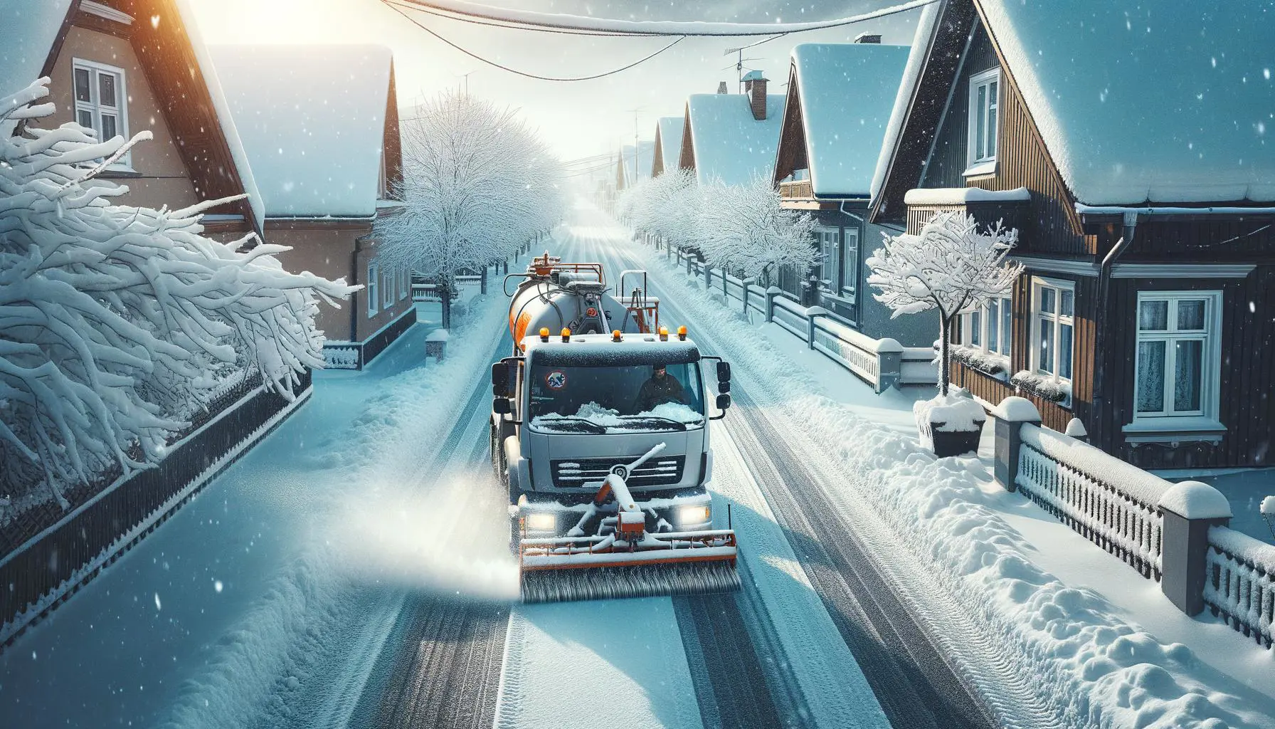 Winter maintenance vehicle applying deicing materials on a snow-covered street