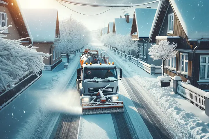 Winter maintenance vehicle applying deicing materials on a snow-covered street