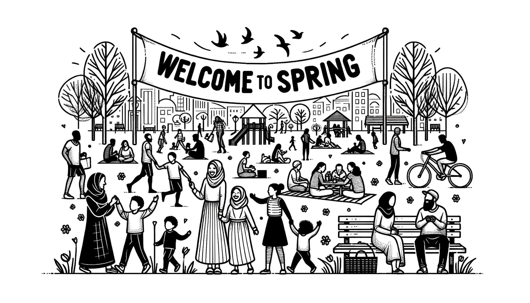 Illustration of Owatonna's community enjoying spring in a freshly prepared public park