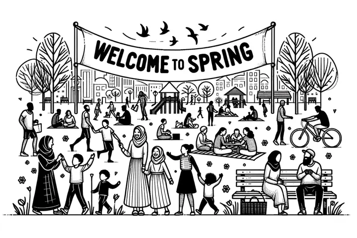 Illustration of Owatonna's community enjoying spring in a freshly prepared public park