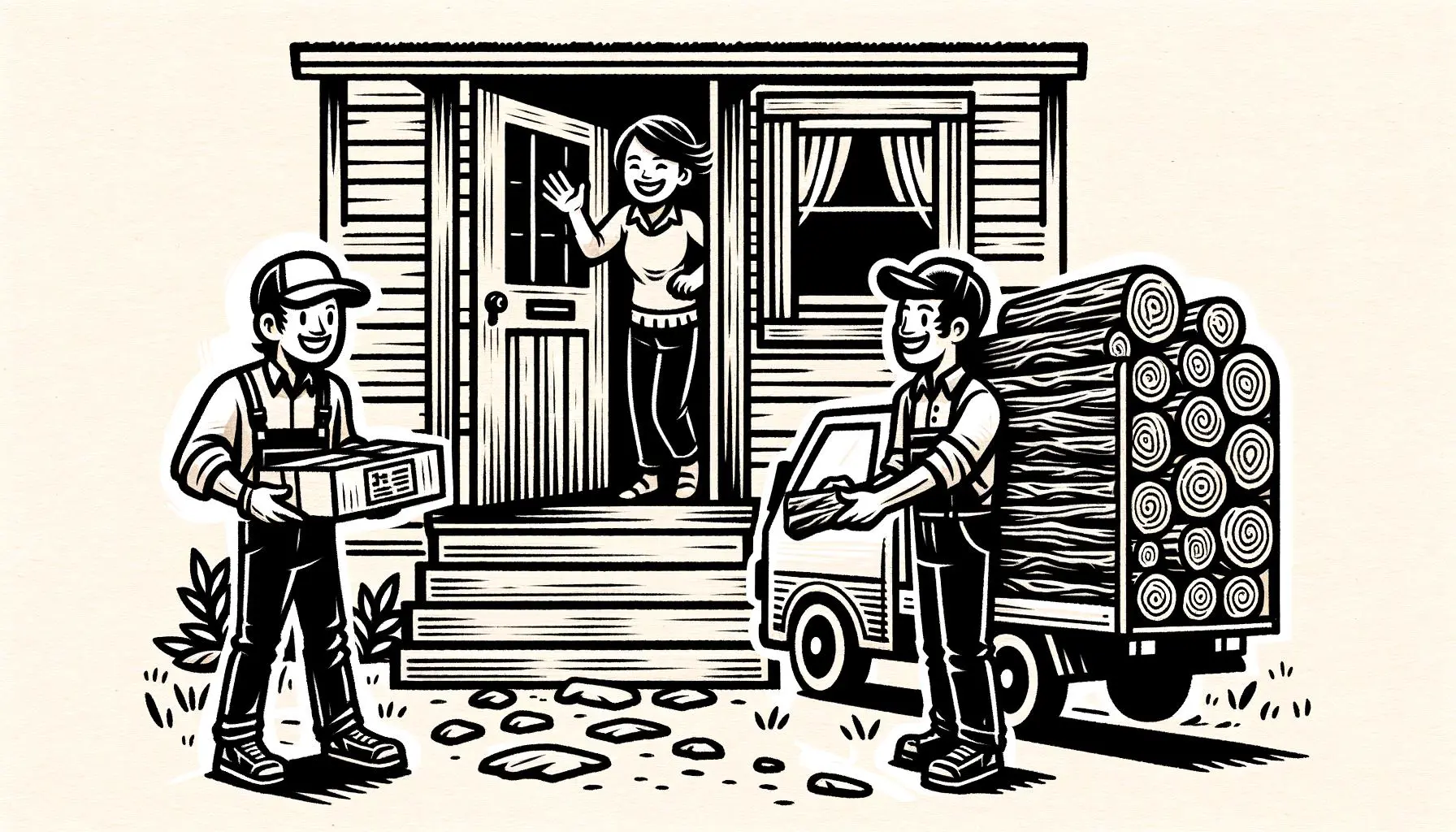 Simple hand drawn, doodle with bold lines of Men from a delivery service dropping off a bundle of firewood at the doorstep of a rural home.