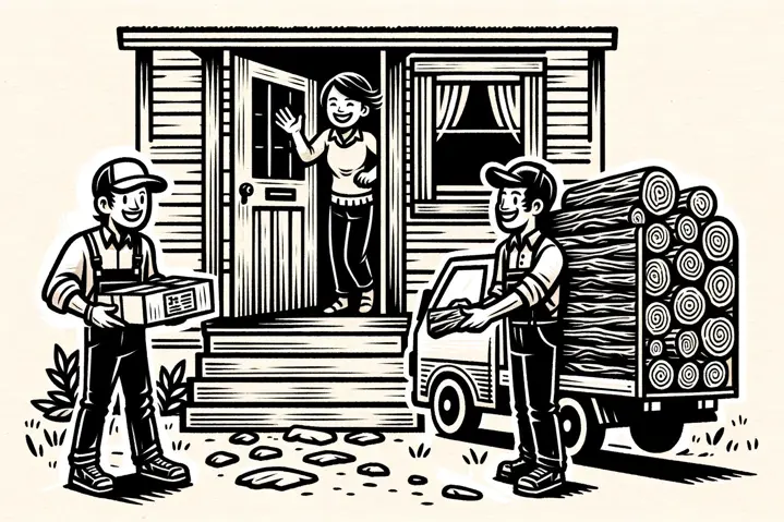 Simple hand drawn, doodle with bold lines of Men from a delivery service dropping off a bundle of firewood at the doorstep of a rural home.