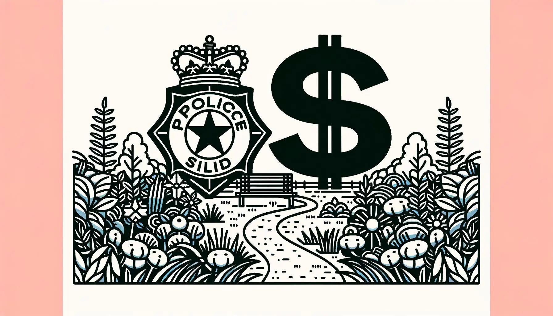 Illustration of a park with a police badge and dollar sign.