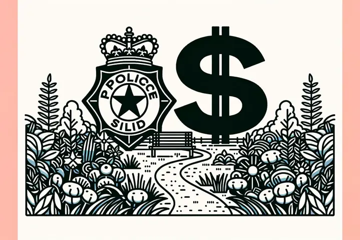 Illustration of a park with a police badge and dollar sign.