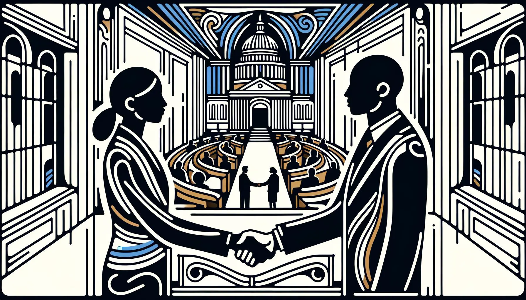 Doodle of a city official shaking hands with a legislator at the state capitol