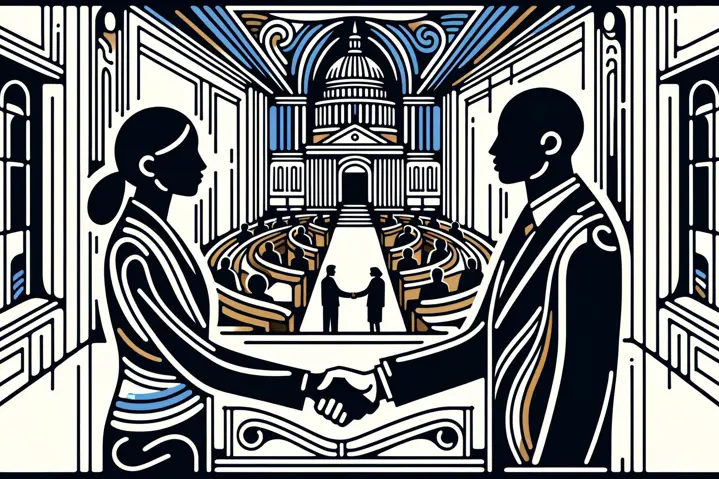 Doodle of a city official shaking hands with a legislator at the state capitol