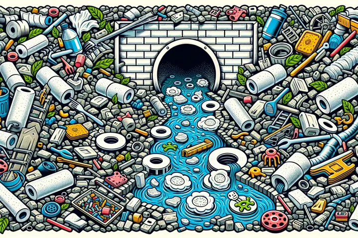 Clogged sewer illustration with non-flushable wipes