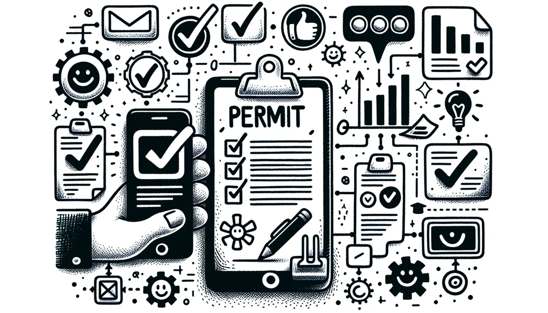 hand drawn, simple bold line doodle detailing the concept of a simplified permit process using technology