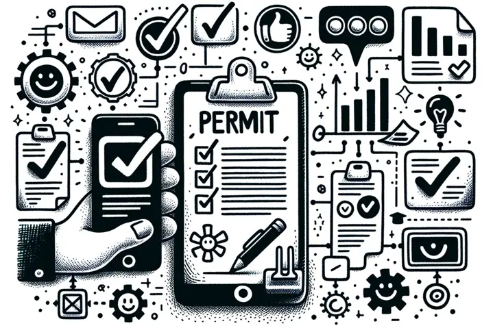 hand drawn, simple bold line doodle detailing the concept of a simplified permit process using technology