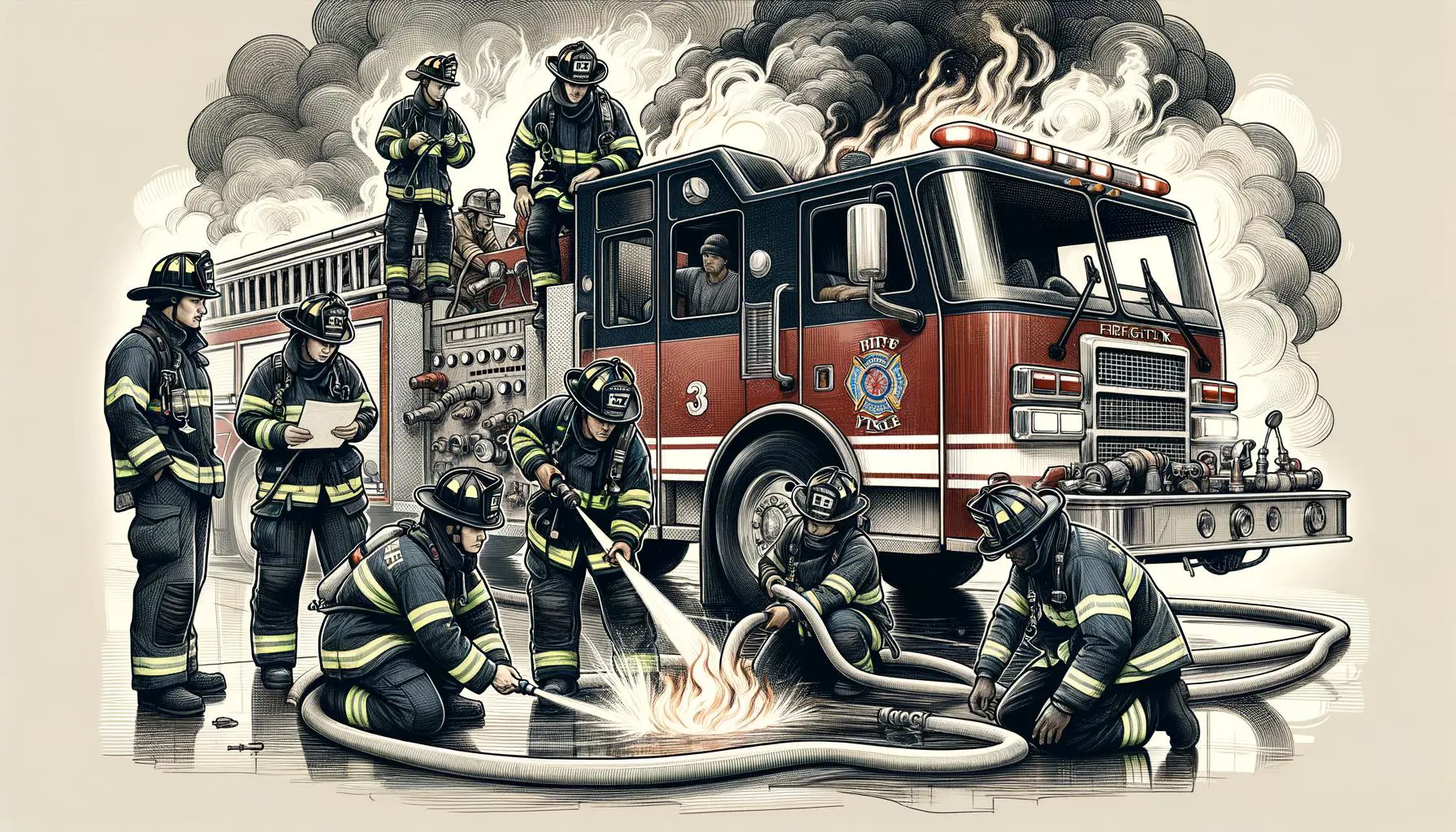 Illustration of Owatonna firefighters training at fire school