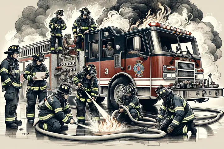 Illustration of Owatonna firefighters training at fire school