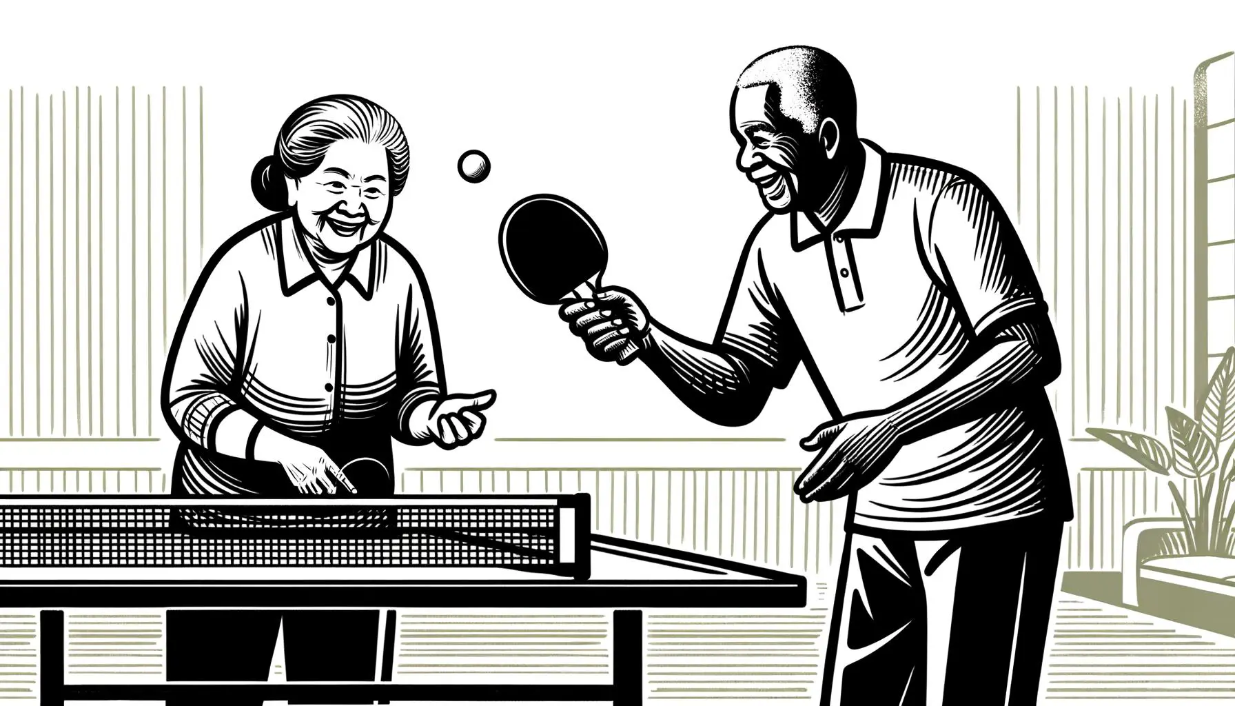 Illustration of seniors participating in strength training and table tennis at West Hills Social Commons