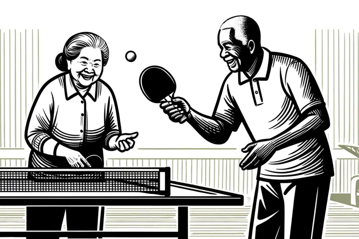 Illustration of seniors participating in strength training and table tennis at West Hills Social Commons