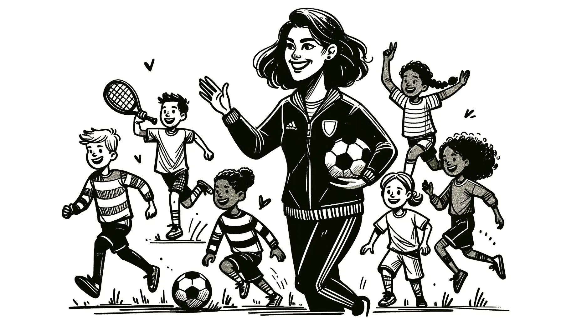 Doodle of a happy volunteer coach with young athletes playing soccer and baseball