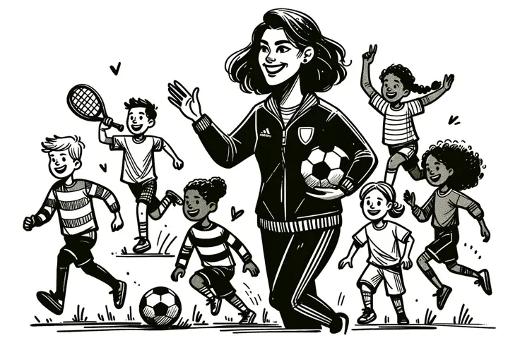 Doodle of a happy volunteer coach with young athletes playing soccer and baseball