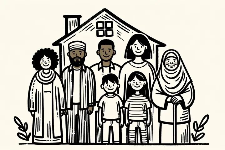 Illustration of community members around a future community center sign