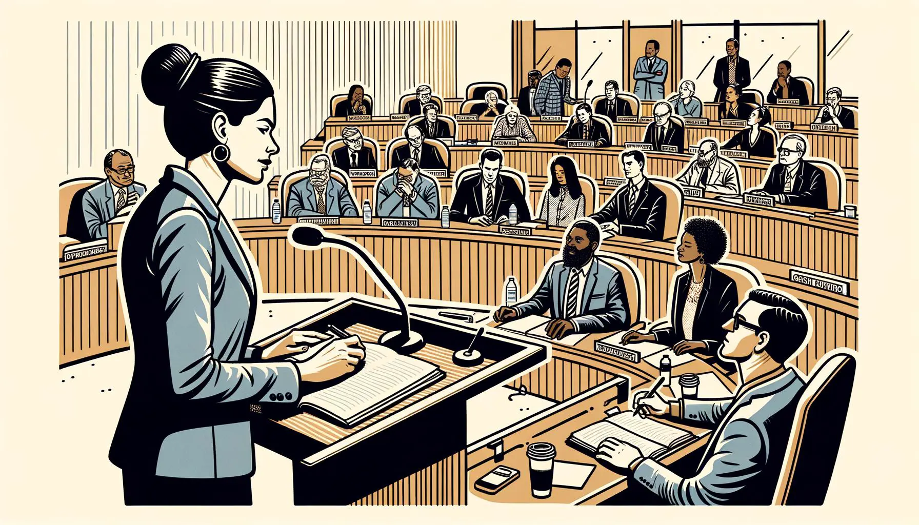 Illustration of a city council meeting with officials taking oaths.