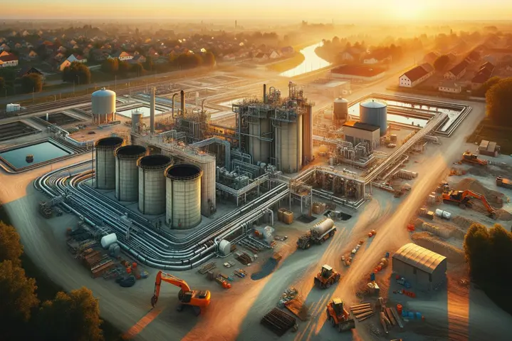 Owatonna's wastewater plant at sunset with ongoing expansion