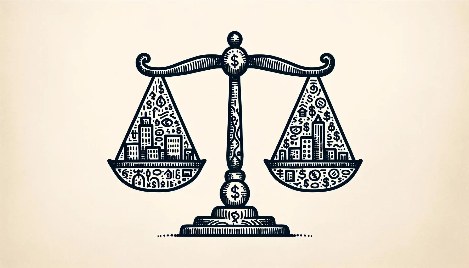 Doodle of a balance scale balancing a cityscape and money