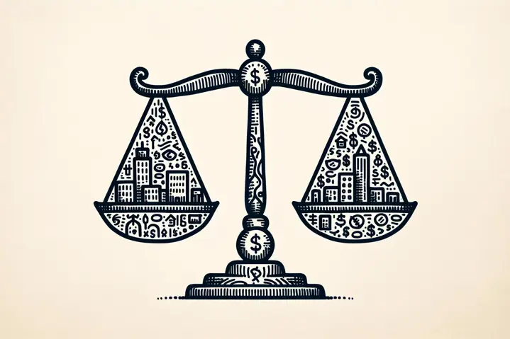 Doodle of a balance scale balancing a cityscape and money