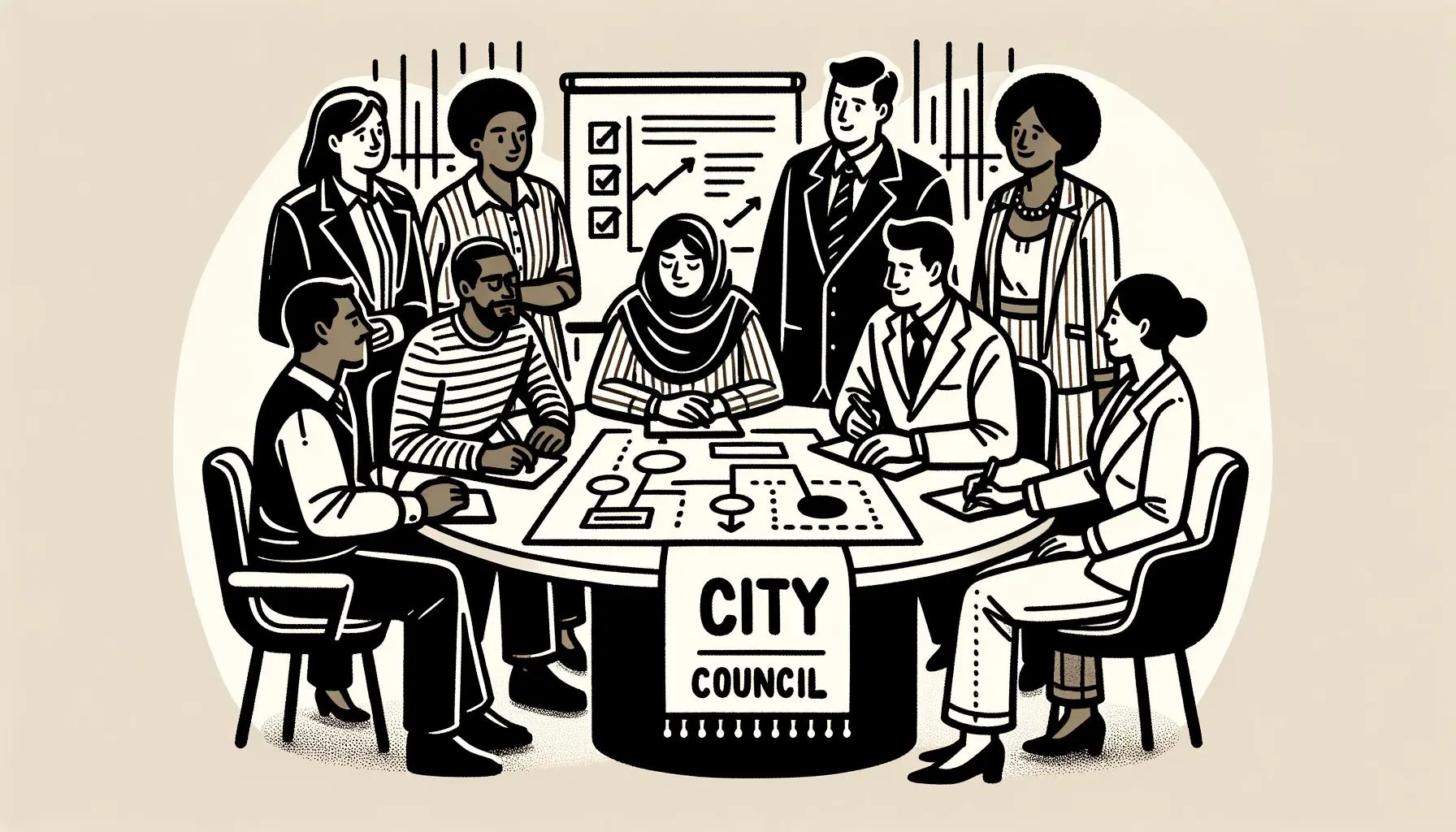 Illustration of city council strategic planning with community engagement