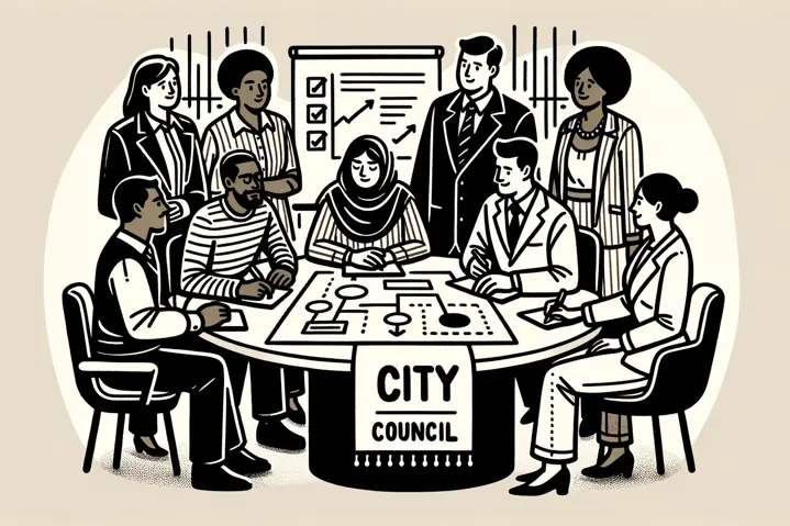 Illustration of city council strategic planning with community engagement