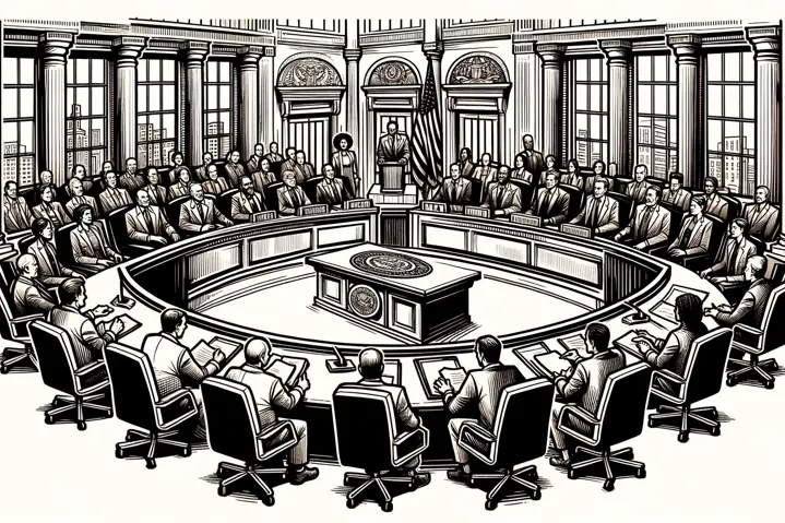 Illustration of City Council members discussing the Charter Commission