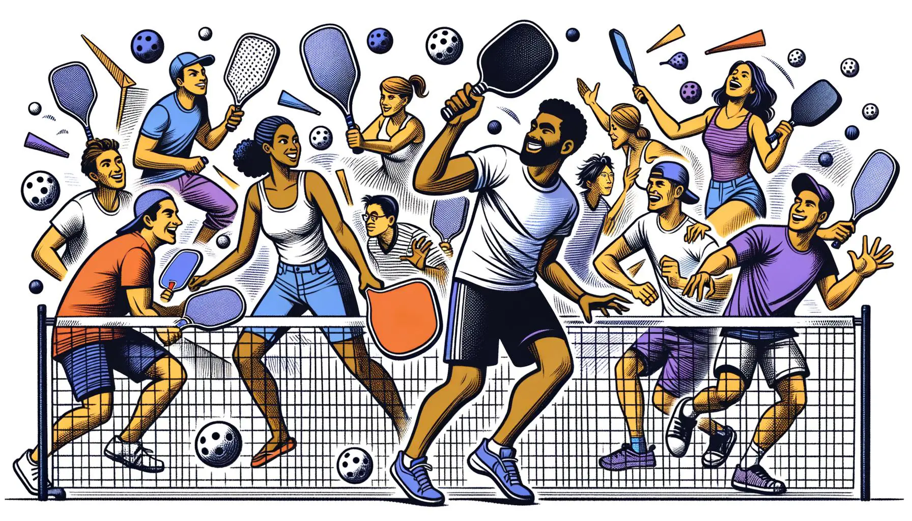 Simplified doodle of community members playing pickleball